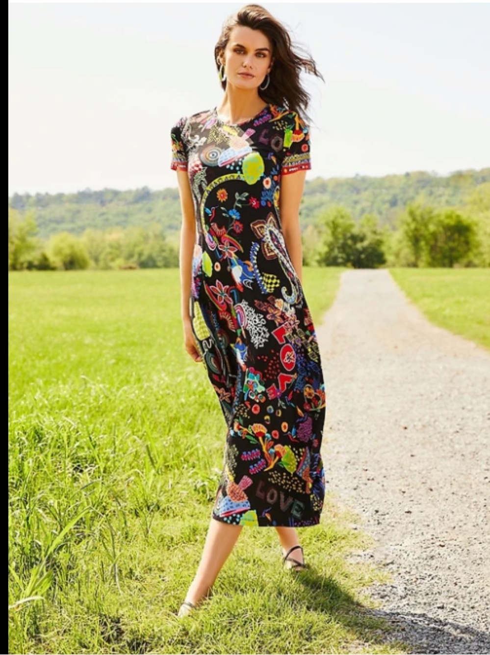 Johnny Was Janie Favorite Jenny Scarf print on black Midi Dress     size XS, NWT